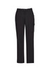 A pair of women's black cargo pants featuring comfort waist and multiple pockets. The pants have a logo.