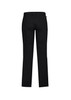 A pair of black flat front pants with a comfort waist design, featuring a simple waistband and straight legs. A pair of black flat front pants with a comfort waist design, featuring a simple waistband and straight legs.