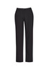 A pair of black straight leg pants with a comfort waist, featuring standard pockets and a button closure. A pair of black straight leg pants with a comfort waist, featuring standard pockets and a button closure.