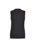 A black, sleeveless knit vest featuring a button front and simple design. The vest has a logo on the back. A black, sleeveless knit vest featuring a button front and simple design. The vest has a logo on the back.