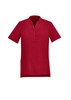A red women's tunic featuring short sleeves, a mandarin collar, and a three-button placket. It has two front pockets.