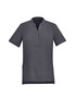 A short-sleeved, charcoal grey women's tunic with a collar and buttons, featuring two side pockets. A short-sleeved, charcoal grey women's tunic with a collar and buttons, featuring two side pockets.