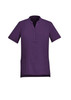 A purple women's tunic with short sleeves, a collar, and a buttoned placket, featuring side pockets and a logo. A purple women's tunic with short sleeves, a collar, and a buttoned placket, featuring side pockets and a logo.