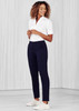 A pair of women's navy slim leg pants with a comfort waist, styled with a white shirt and casual shoes. A pair of women's navy slim leg pants with a comfort waist, styled with a white shirt and casual shoes.