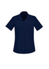 A navy short sleeve shirt with a collar and a single chest pocket, featuring buttons down the front. A navy short sleeve shirt with a collar and a single chest pocket, featuring buttons down the front.