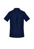 A navy blue women's short sleeve shirt with a back pleat and a collar, featuring a logo. A navy blue women's short sleeve shirt with a back pleat and a collar, featuring a logo.
