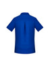 A bright blue women's shirt with short sleeves and a back pleat, featuring a collar and a logo. A bright blue women's shirt with short sleeves and a back pleat, featuring a collar and a logo.