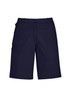 Navy women's cargo shorts featuring a comfort waist and side pockets, designed for casual wear.