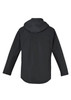 A black men's rain jacket with a hood, featuring a simple design and a branded logo.