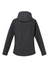 A women's soft shell jacket in dark grey with a textured pattern and a hood, featuring a logo.