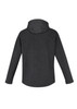 A soft shell jacket in dark grey with a hood, featuring a textured design and a logo on the back. A soft shell jacket in dark grey with a hood, featuring a textured design and a logo on the back.
