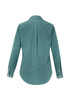 A teal women's button-up long sleeve shirt with a back pleat and buttoned cuff details. Features a logo.