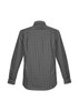 A long sleeve button-up shirt in a black and white check pattern, featuring a collar and logo.