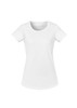 A white women's t-shirt with a round neckline and short sleeves, featuring a slight taper at the waist. A white women's t-shirt with a round neckline and short sleeves, featuring a slight taper at the waist.