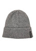A grey unisex beanie with ribbed texture and a small logo on the side.