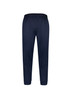 A pair of navy track pants with an elastic waistband and cuffs, featuring a logo.