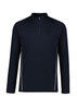A unisex mid-layer top in navy blue with a quarter zip and white detailing, featuring a branding logo. A unisex mid-layer top in navy blue with a quarter zip and white detailing, featuring a branding logo.