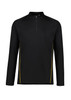 A black unisex mid layer top featuring a quarter zip and yellow accents, made from polar fleece material. A black unisex mid layer top featuring a quarter zip and yellow accents, made from polar fleece material.