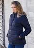 A women's puffer jacket in navy blue, featuring a zip front, side pockets, and a fitted design. A women's puffer jacket in navy blue, featuring a zip front, side pockets, and a fitted design.