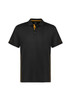 A black short sleeve polo shirt with yellow accents and a logo on the chest.
