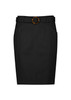 A black women's mid-waist stretch chino skirt featuring a belt with a circular buckle design. A black women's mid-waist stretch chino skirt featuring a belt with a circular buckle design.