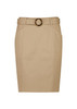A mid waist stretch chino skirt in a light tan colour featuring a decorative belt with a circular buckle. A mid waist stretch chino skirt in a light tan colour featuring a decorative belt with a circular buckle.