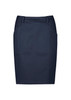 A women's mid-waist stretch chino skirt in navy blue, featuring pockets and a tailored design. A women's mid-waist stretch chino skirt in navy blue, featuring pockets and a tailored design.