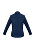 A navy women's button-up shirt featuring long sleeves and a classic collar, with a branded logo.