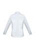 A white long sleeve button-up shirt with a collared neckline and cuffs. The back view highlights its tailored design.
