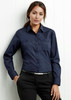 A navy women's button-up long sleeve shirt with two chest pockets and a slim fit. It has a logo on it.