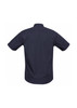 A navy blue short sleeve button-up shirt featuring a back yoke and branded logo.