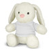 A white plush rabbit toy with long ears and a pink nose, wearing a plain white shirt.
