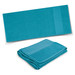 A turquoise bath towel featuring a textured band, displayed flat and folded. Includes a logo.