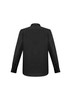 A black long sleeve button-up shirt featuring a classic design and cuff details, with a logo on the back.