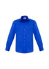 A blue long sleeve button-up shirt with a pocket and a collar, featuring a logo.