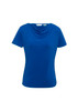 A blue women's top with a cowl neckline and short sleeves, featuring a logo label. A blue women's top with a cowl neckline and short sleeves, featuring a logo label.