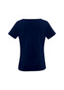 A navy blue women's top with short sleeves and a round neckline. It has a plain design and a branding logo. A navy blue women's top with short sleeves and a round neckline. It has a plain design and a branding logo.