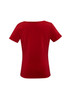 A red women's top with short sleeves and a round neckline, featuring a plain back view and a small logo. A red women's top with short sleeves and a round neckline, featuring a plain back view and a small logo.