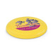 A yellow frisbee featuring floral designs and a logo, designed for fun and games.