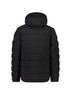 A black unisex hooded puffer jacket with a quilted design and a logo on the sleeve.