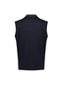 A black zip-front vest with a sleeveless design and a high collar. Features a logo on the back. A black zip-front vest with a sleeveless design and a high collar. Features a logo on the back.