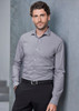 A tailored long sleeve shirt in grey and white stripes, featuring a button-up design, worn by a man against a grey backdrop. A tailored long sleeve shirt in grey and white stripes, featuring a button-up design, worn by a man against a grey backdrop.