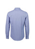 A tailored long sleeve shirt in blue with white stripes, featuring a collared neckline and button cuffs, with branding.
