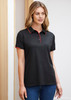 A black women's short sleeve polo shirt featuring red accents, with a collar and buttons.
