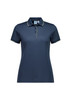 A navy blue women's short sleeve polo shirt with contrasting trim and a logo. Features a button-up collar and short sleeves.