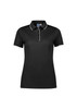 A black short sleeve polo shirt for women featuring a collar and a branded logo on the chest.