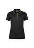 A black short sleeve polo shirt featuring yellow trim and a logo on the chest.