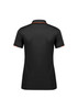 A black women's polo shirt with short sleeves and orange detailing, featuring a logo on the back.