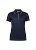 A navy women's short sleeve polo shirt featuring yellow trim and a logo on the chest.