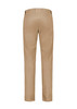 A pair of men's modern stretch chino pants in khaki, featuring a smooth back with visible stitching details.